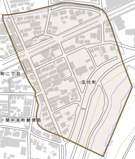 五代町とその周辺の地図。町の範囲を重ねている