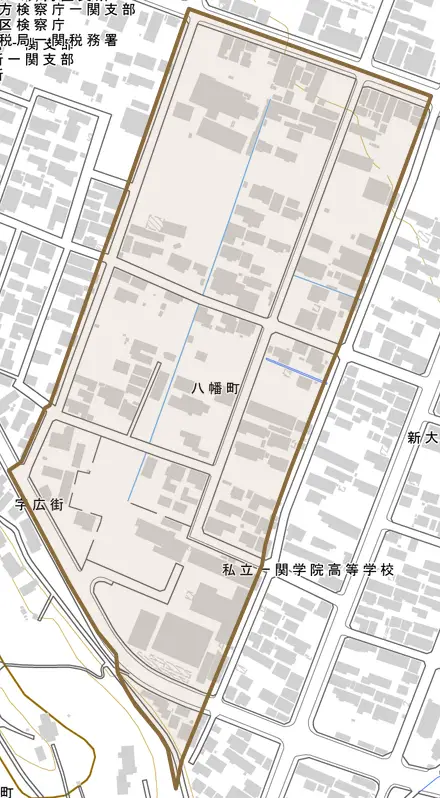 八幡町とその周辺の地図。町の範囲を重ねている