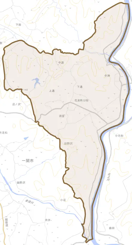 花泉町日形とその周辺の地図。町の範囲を重ねている