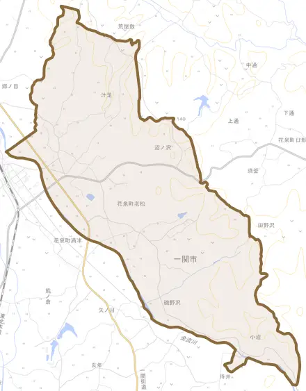 花泉町老松とその周辺の地図。町の範囲を重ねている