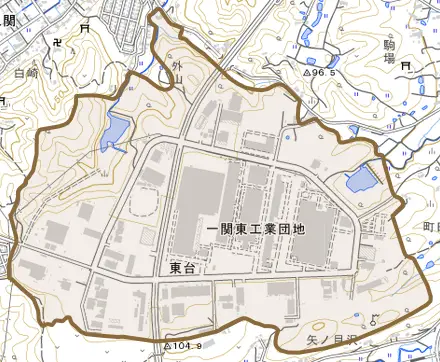 東台とその周辺の地図。町の範囲を重ねている