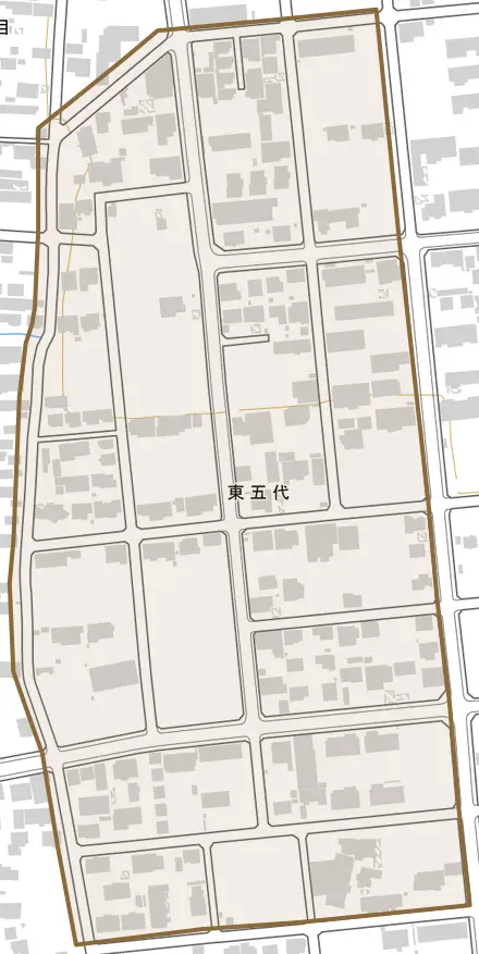 東五代とその周辺の地図。町の範囲を重ねている