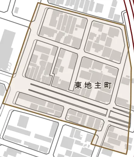東地主町とその周辺の地図。町の範囲を重ねている