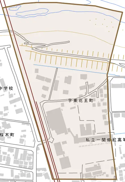 字東花王町とその周辺の地図。町の範囲を重ねている