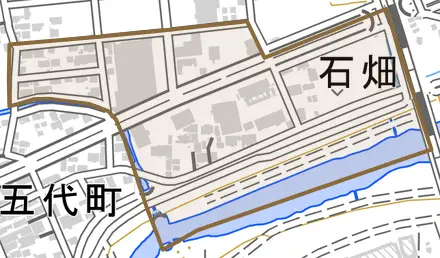 石畑とその周辺の地図。町の範囲を重ねている