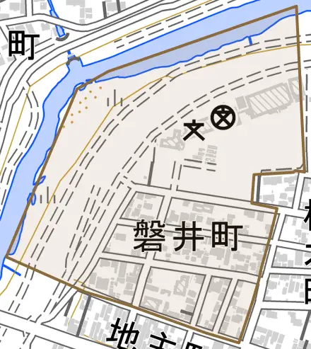 磐井町とその周辺の地図。町の範囲を重ねている