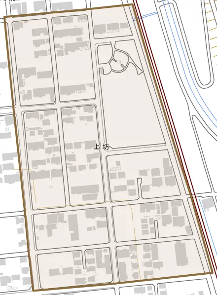 上坊とその周辺の地図。町の範囲を重ねている