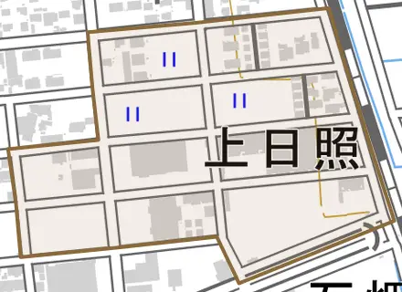 上日照とその周辺の地図。町の範囲を重ねている