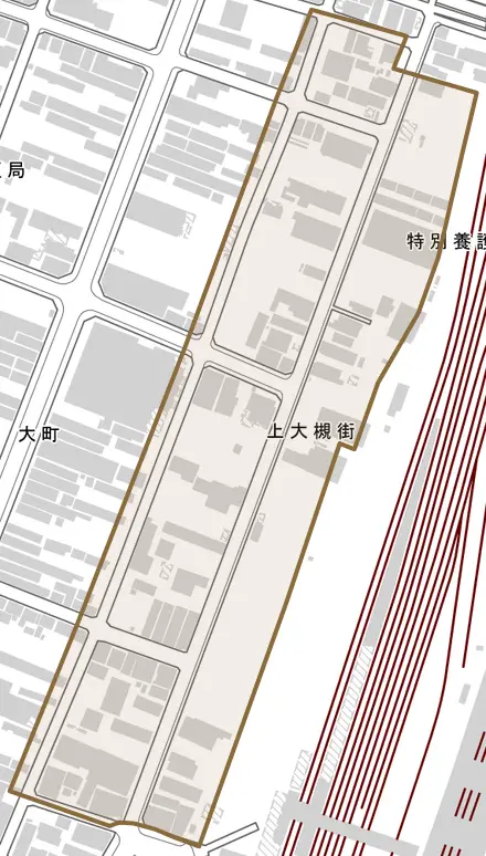 上大槻街とその周辺の地図。町の範囲を重ねている