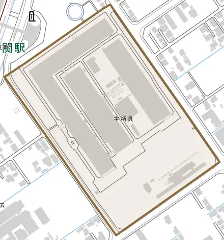 字柄貝とその周辺の地図。町の範囲を重ねている