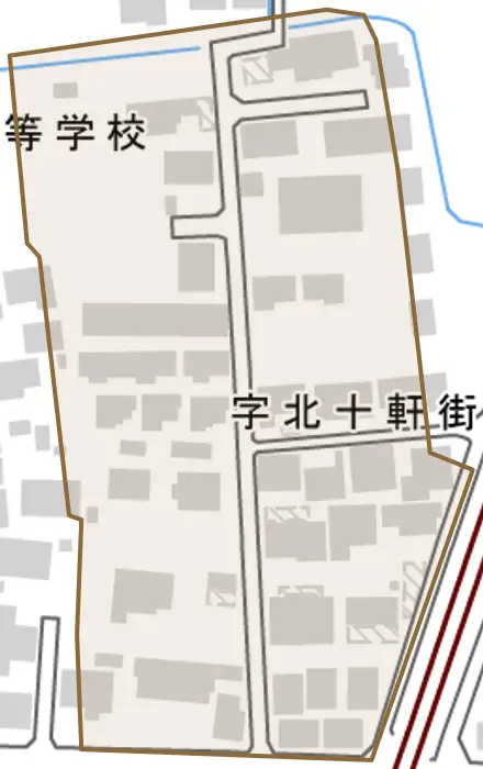字北十軒街とその周辺の地図。町の範囲を重ねている