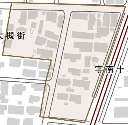 字南十軒街とその周辺の地図。町の範囲を重ねている