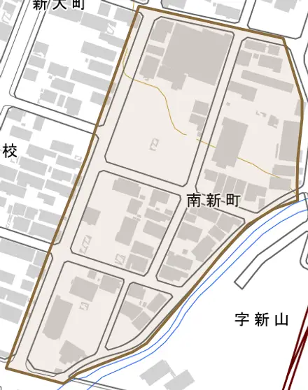 南新町とその周辺の地図。町の範囲を重ねている