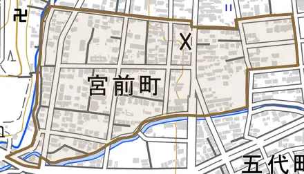 宮前町とその周辺の地図。町の範囲を重ねている