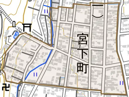 宮下町とその周辺の地図。町の範囲を重ねている