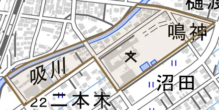 字鳴神とその周辺の地図。町の範囲を重ねている