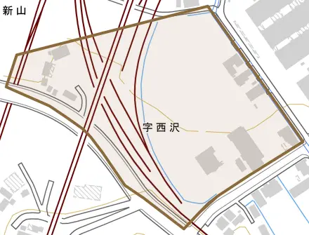 字西沢とその周辺の地図。町の範囲を重ねている