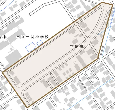 字沼田とその周辺の地図。町の範囲を重ねている