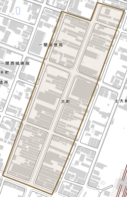 大町とその周辺の地図。町の範囲を重ねている