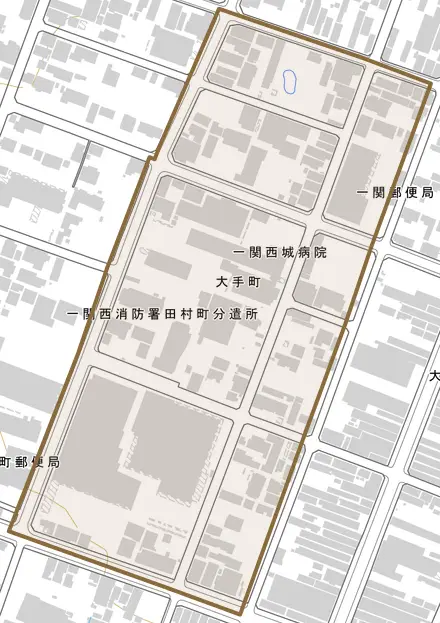 大手町とその周辺の地図。町の範囲を重ねている
