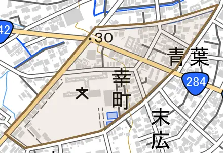 幸町とその周辺の地図。町の範囲を重ねている