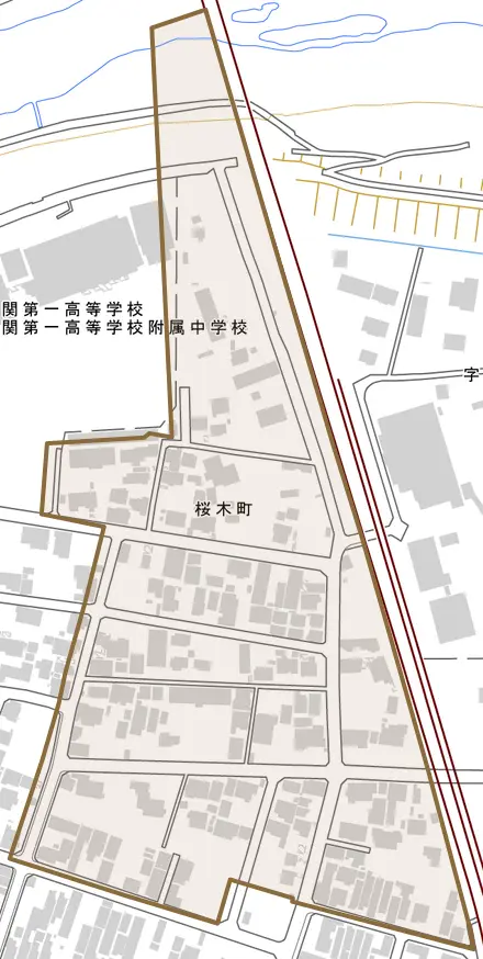 桜木町とその周辺の地図。町の範囲を重ねている