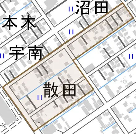 字散田とその周辺の地図。町の範囲を重ねている