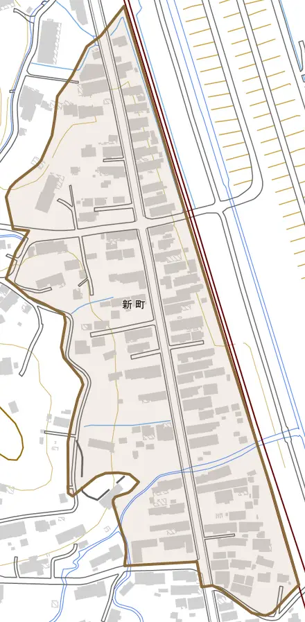 新町とその周辺の地図。町の範囲を重ねている