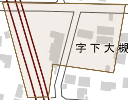字下大槻街とその周辺の地図。町の範囲を重ねている