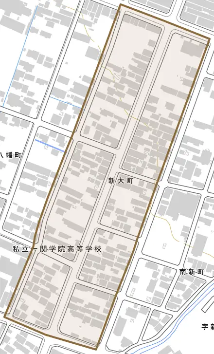 新大町とその周辺の地図。町の範囲を重ねている