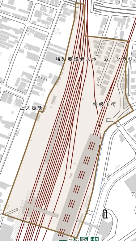 字吸川街とその周辺の地図。町の範囲を重ねている