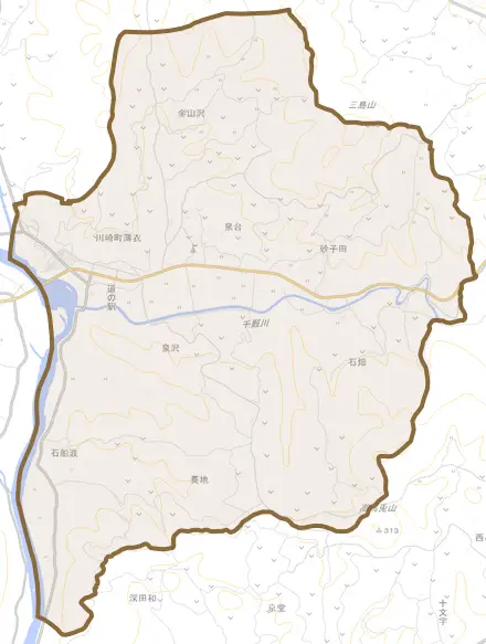 川崎町薄衣とその周辺の地図。町の範囲を重ねている