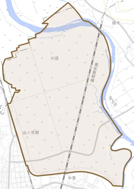 川辺とその周辺の地図。町の範囲を重ねている