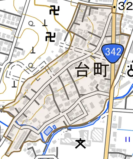 台町とその周辺の地図。町の範囲を重ねている