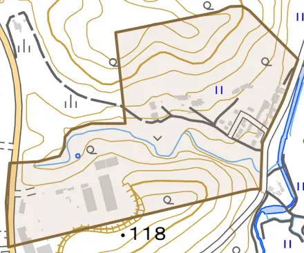 萩荘とその周辺の地図。町の範囲を重ねている