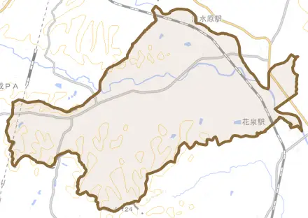 花泉町花泉とその周辺の地図。町の範囲を重ねている