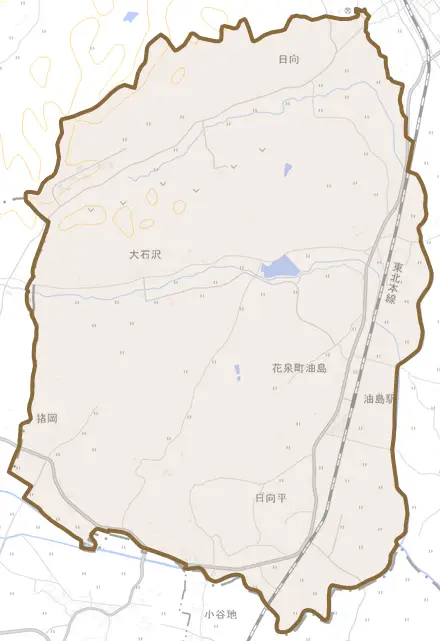 花泉町油島とその周辺の地図。町の範囲を重ねている