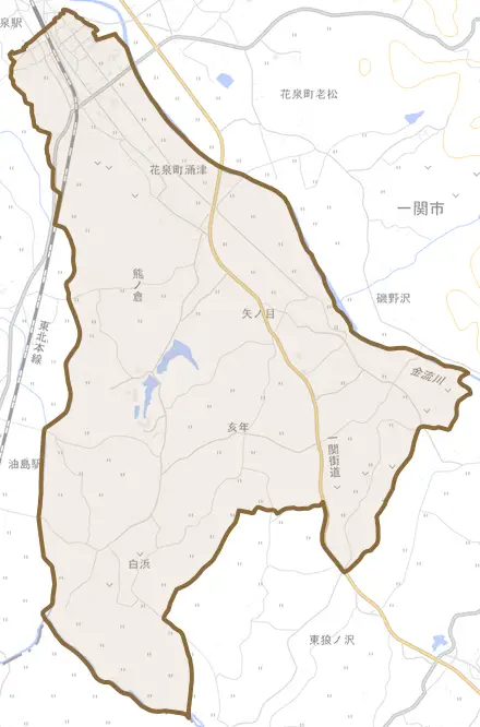 花泉町涌津とその周辺の地図。町の範囲を重ねている