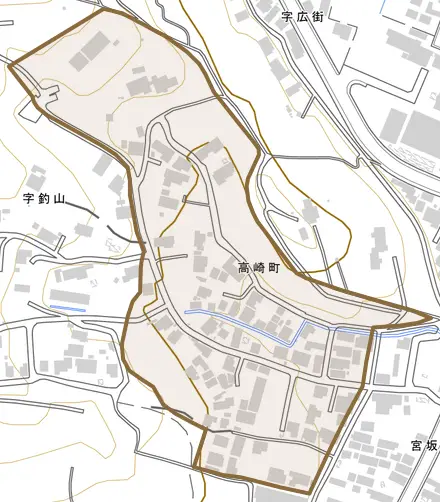 高崎町とその周辺の地図。町の範囲を重ねている