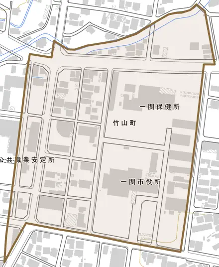 竹山町とその周辺の地図。町の範囲を重ねている