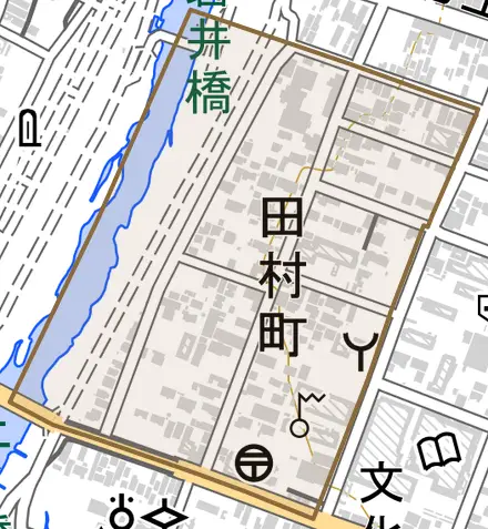 田村町とその周辺の地図。町の範囲を重ねている