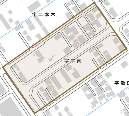 字宇南とその周辺の地図。町の範囲を重ねている
