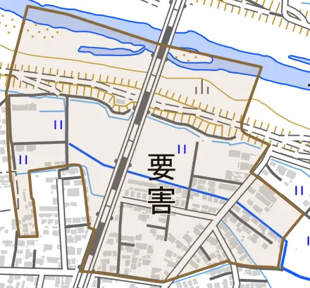 字要害とその周辺の地図。町の範囲を重ねている