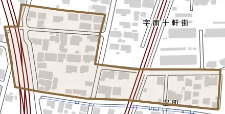 豊町とその周辺の地図。町の範囲を重ねている