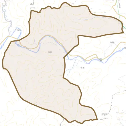 袰野とその周辺の地図。町の範囲を重ねている