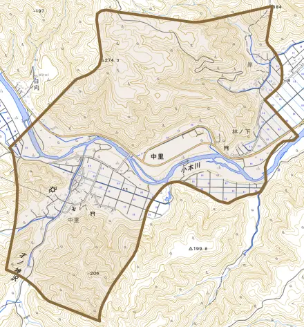 中里とその周辺の地図。町の範囲を重ねている
