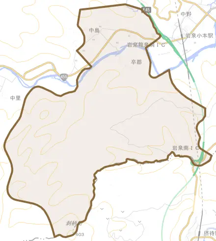 中島とその周辺の地図。町の範囲を重ねている