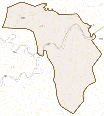 二升石とその周辺の地図。町の範囲を重ねている