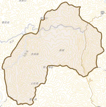 大川とその周辺の地図。町の範囲を重ねている