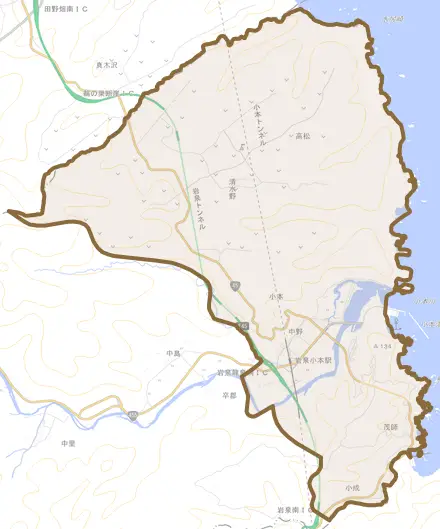 小本とその周辺の地図。町の範囲を重ねている